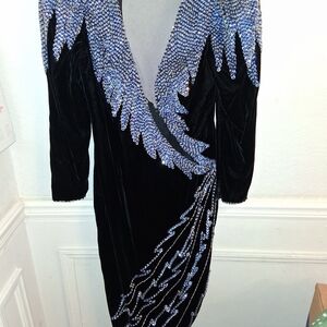 Vintage Cache Black Velvet Asymmetrical Dress with Blue Sequins